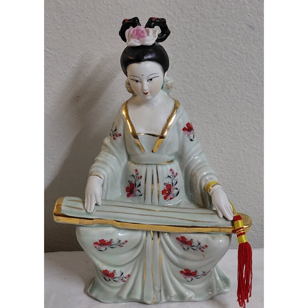 Vintage Japanese Geisha Lady Playing Guqin Porcelain Figurine Floral Gold Trim